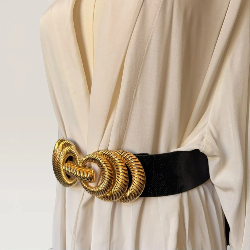 Vintage 90s Accessocraft Gold Belt Buckle w/ Black Snakeskin Leather Belt 29” - Picture 2 of 12